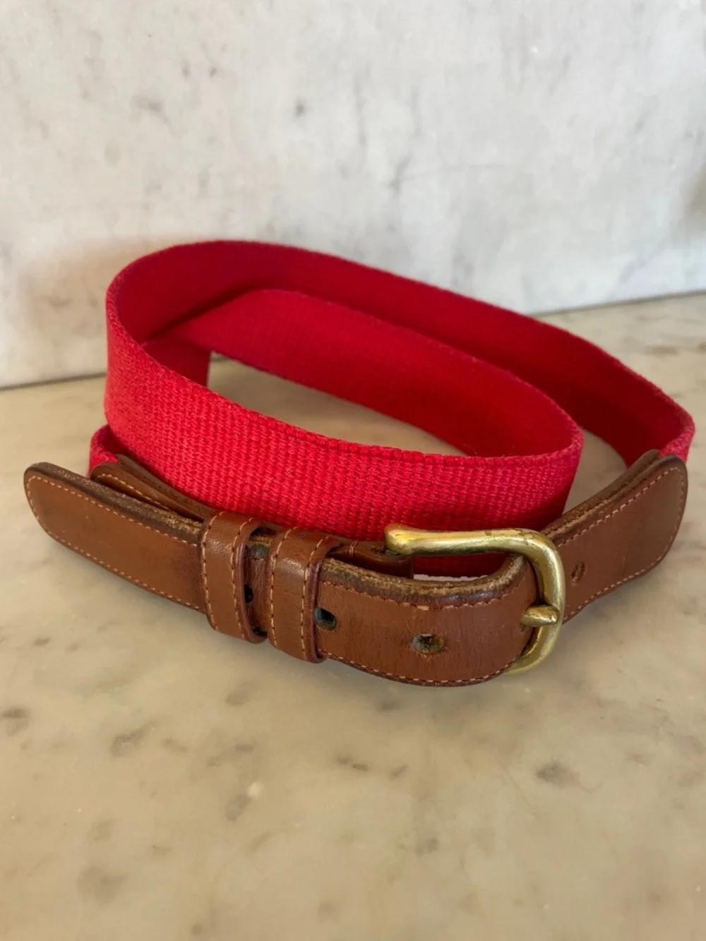 COACH Vintage Red Canvas Belt Brown Leather Trim and Brass Buckle 34